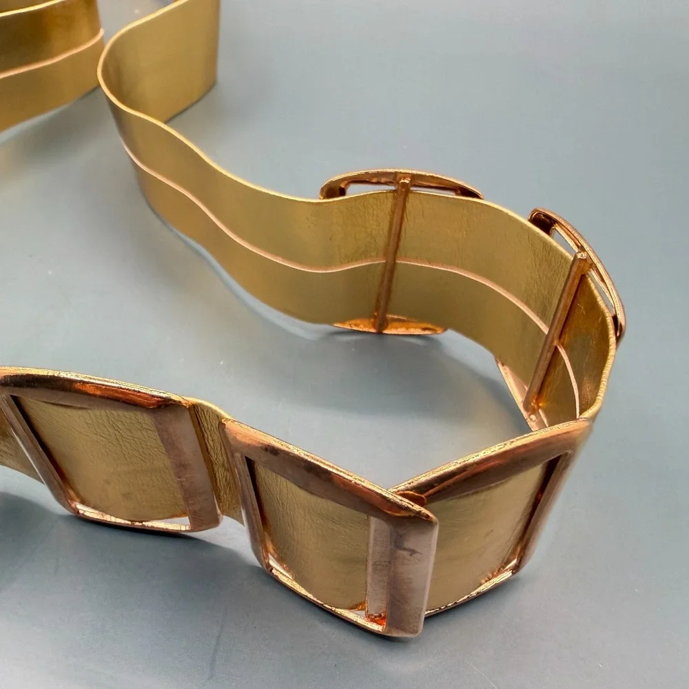 Gold Tone Wide Waist Belt Rectangular Accents Statement Vintage Retro Costume
